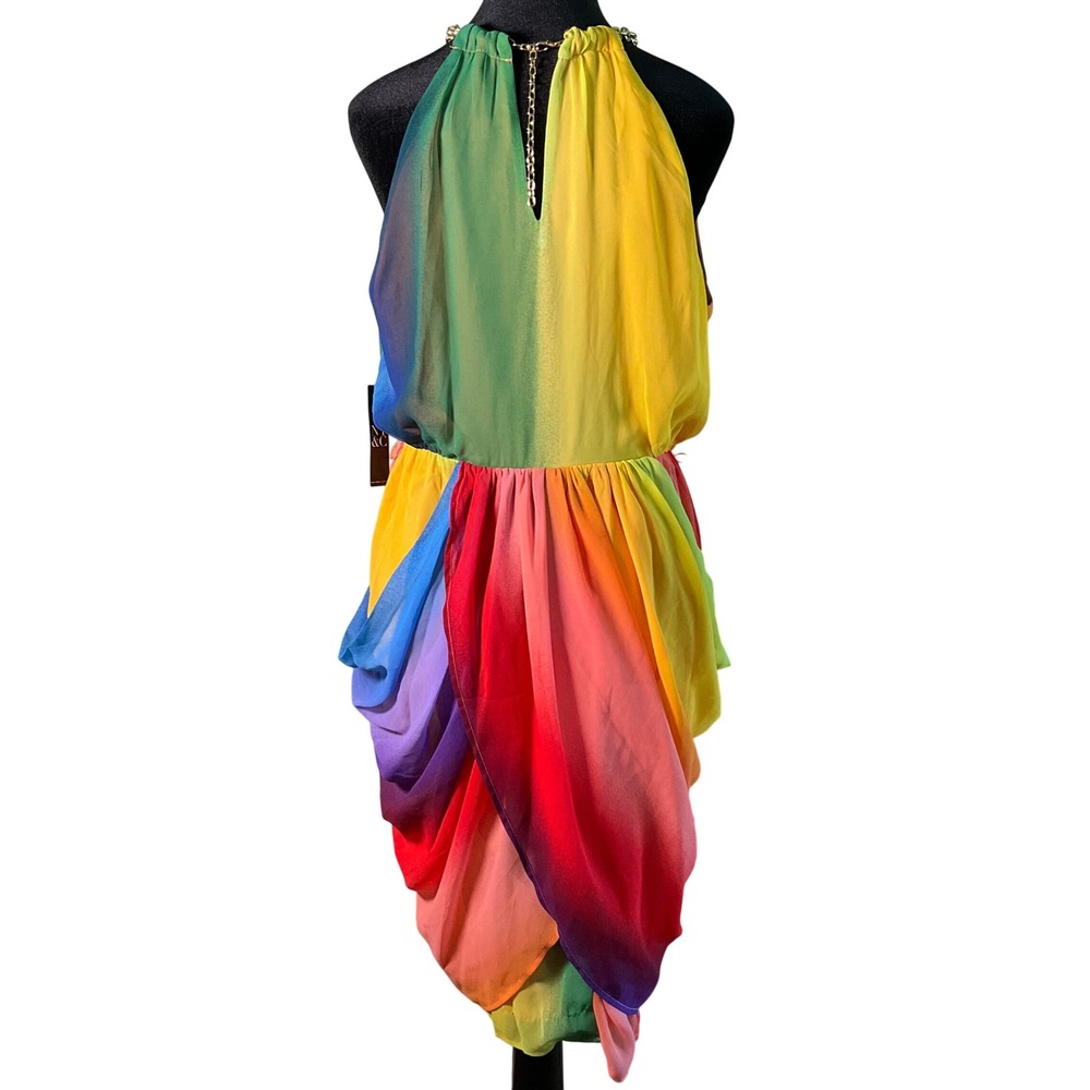 New York & Company Rainbow Ombre Halter Wrap Dress Gold Chain Neck Midi Sz M NWT - Picture 7 of 14